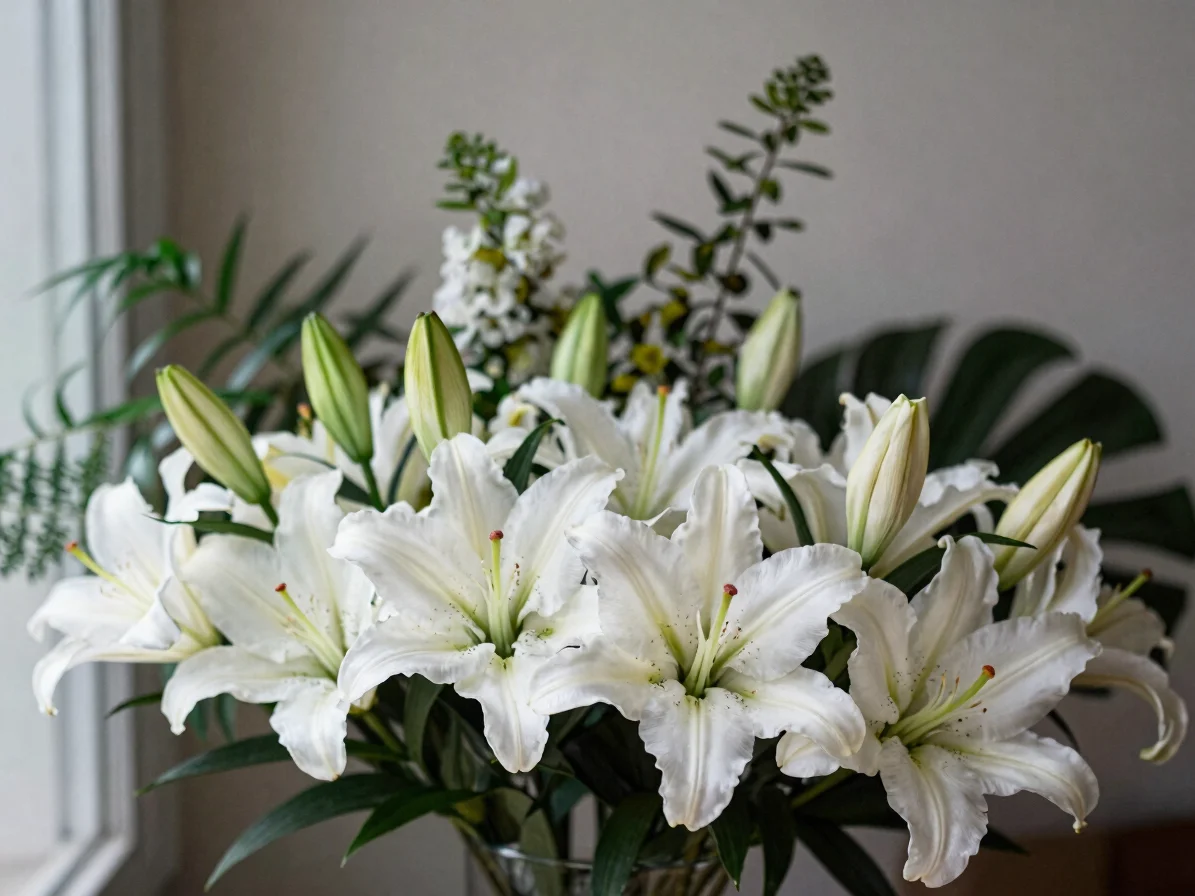 Close-up of fresh white lilies and botanical foliage, diffuse nat