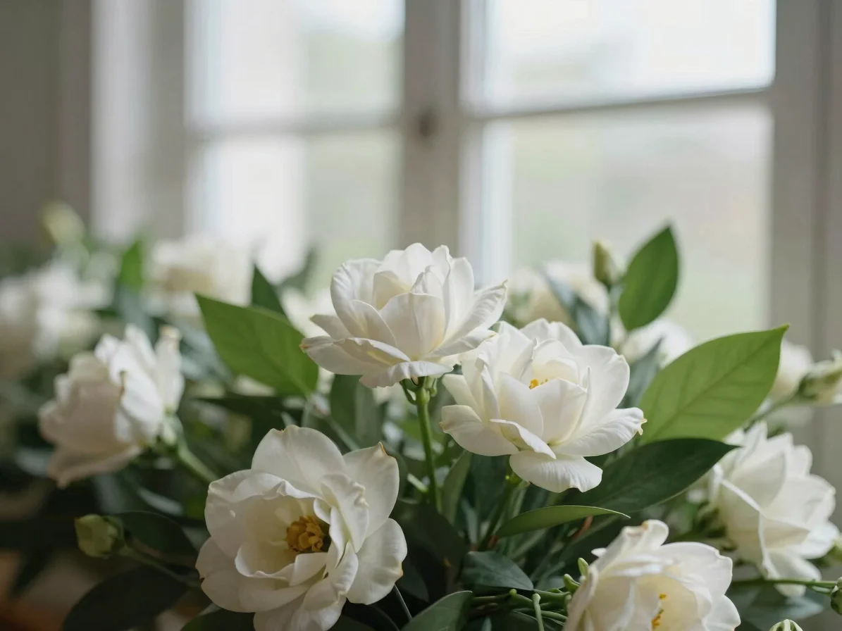Details of petals and fresh green leaves, soft window light, prof