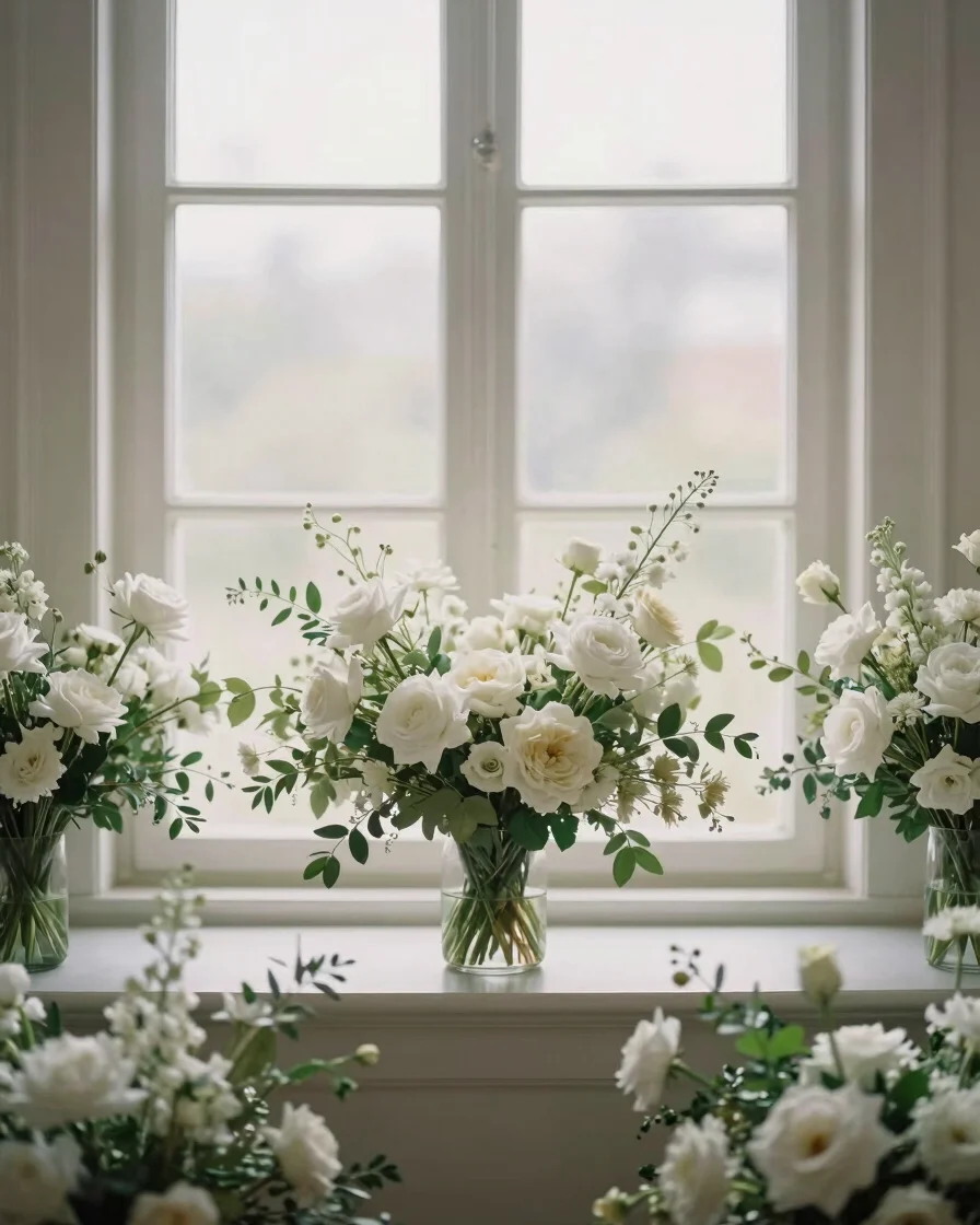Soft muted editorial photography, diffuse natural window light, serene white floral arrangement on a neutral backdrop, 3